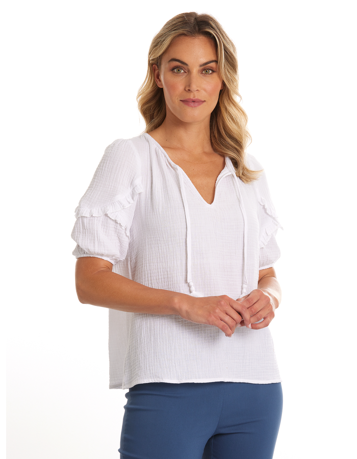 Ruffle Sleeve Crinkle Cotton Women's Top