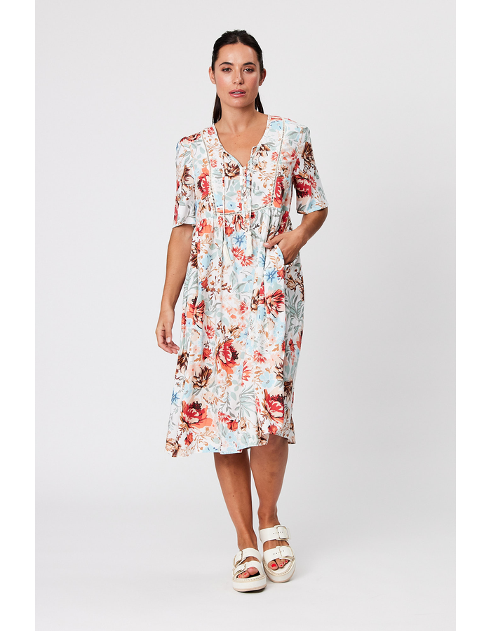 Tie Neck Ladder Trim Print Dress