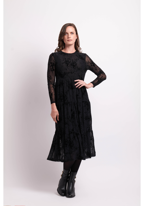 Foil Long Sleeve Tiered Hem Dress