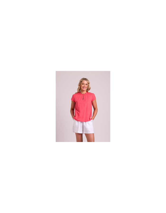 Cap Sleeve Ruffle Neck Linen Top