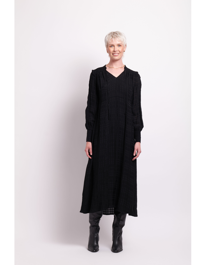 Foil Shirred Shoulder Dress